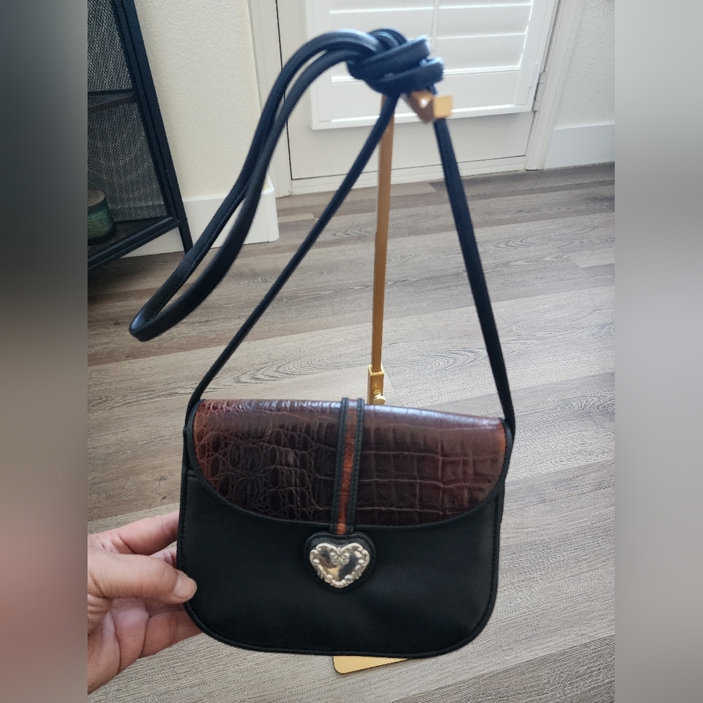 Brighton Black and Brown Genuine Leather Bag with Silver Metal Heart